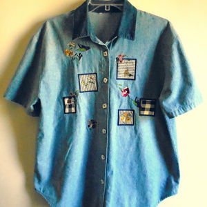 Denim Blouse With Applique and Embroidery Sz L